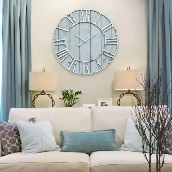 Large Farmhouse  Vintage Blue Wooden Wall Clock