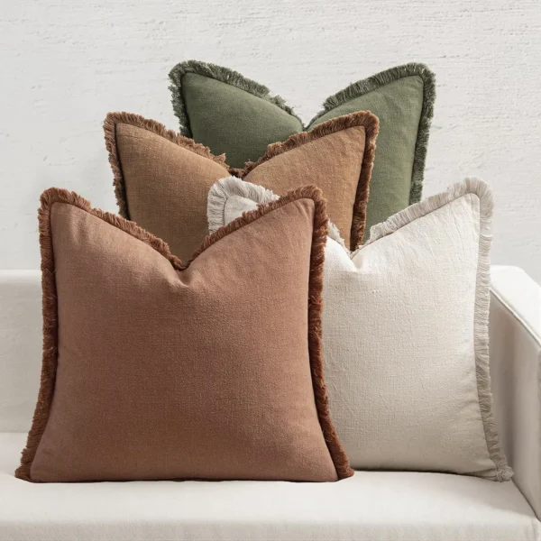 Set of 4 Neutral Linen Fringe Throw Pillows