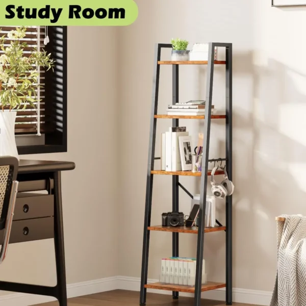 5 Tier Ladder Shelf Bookcase, Rustic Metal Wood