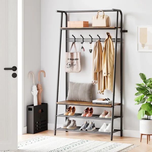 4-in-1 Bench with Coat Rack and Shoe Rack