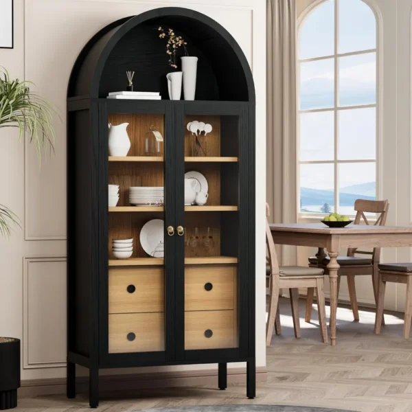 Arched Glass Door Cabinet with LED Lights