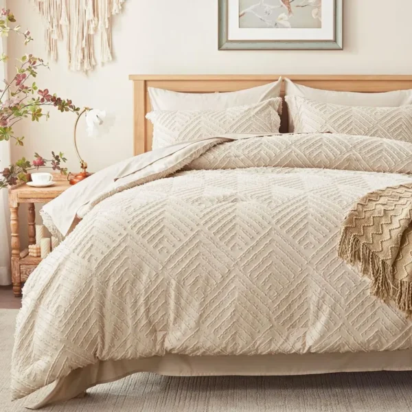 Queen Comforter Set 7 Pieces, Beige, Tufted Boho